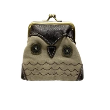 Chala Owl Coin Purse Kiss Clasp Canvas Faux Leather Trim Change Holder 4” X 4”