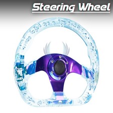 D-Shaped Teal Steering Wheel 6-Hole Crystal Bubble Burnt Spoke Deep Dish Racing