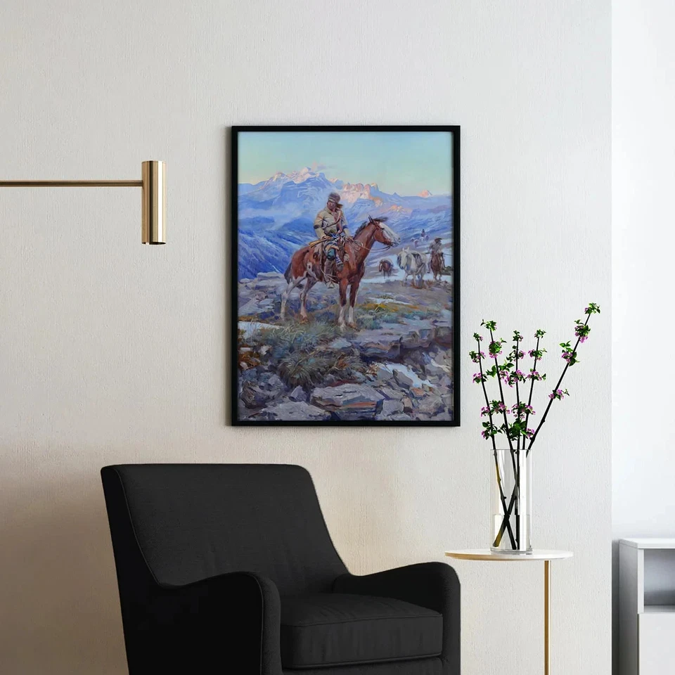 Impresión de póster de arte de pared de caballo vaquero occidental Free Trapper de Charles M Russell Foto 2 de 4
