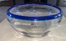 Blenko 9” Hand blown Glass Bowl With Cobalt Rim With Sticker. Unique!