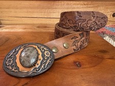 Vtg Hand Tooled Mushrooms Frog Butterflies Leather Belt Buckle Hippie Boho 30"