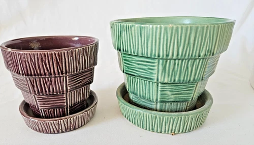 2 Vtg McCoy Pottery Basket Weave Flower Pots w/saucers 1950s
