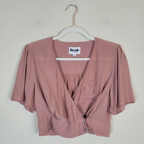 Rouje Blouse 36 Pink Sarah Floral Embroidered Wrap Blouse Crop Flutter Sleeve