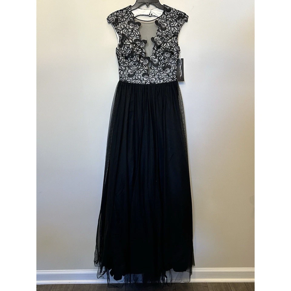 AIDAN MATTOX Embroidered Sleeveless Evening Gown Womens 2 Cap Sleeve Black NEW - Image 2 of 4