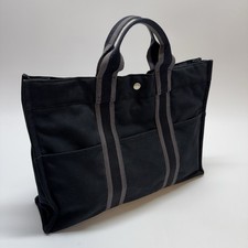 Hermes Canvas 2 Handle Black Tote Handbag Gray/Black Stripe handles 6 pocket