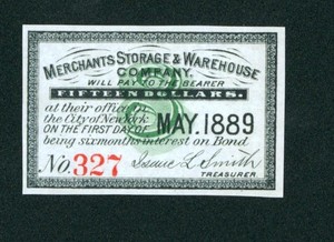 $15 1889 ((CHOICE CU)) Merchants Storage & Warehouse Company Bond CURRENCY