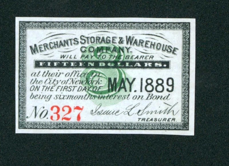$15 1889 ((CHOICE CU)) Merchants Storage & Warehouse Company Bond CURRENCY