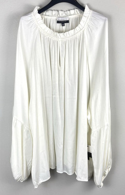 Eloquii Elements Ruffle Neck Soft Blouse White Puff Long Sleeve Peasant Sz 26/28