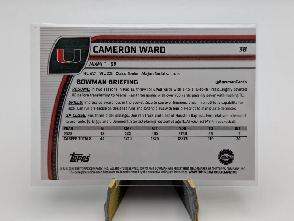 2024 Bowman Chrome University CAMERON WARD #38 - Image 2 of 2