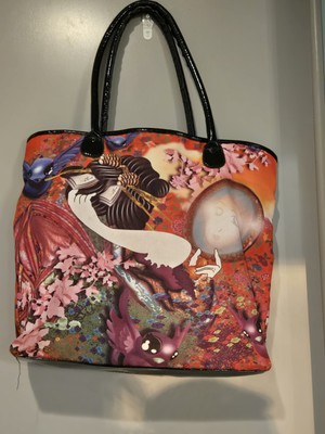 ED HARDY Tote Bag Purse Shopper By Miguel Peredes Red Cloth Lining 19 x 13 Snap