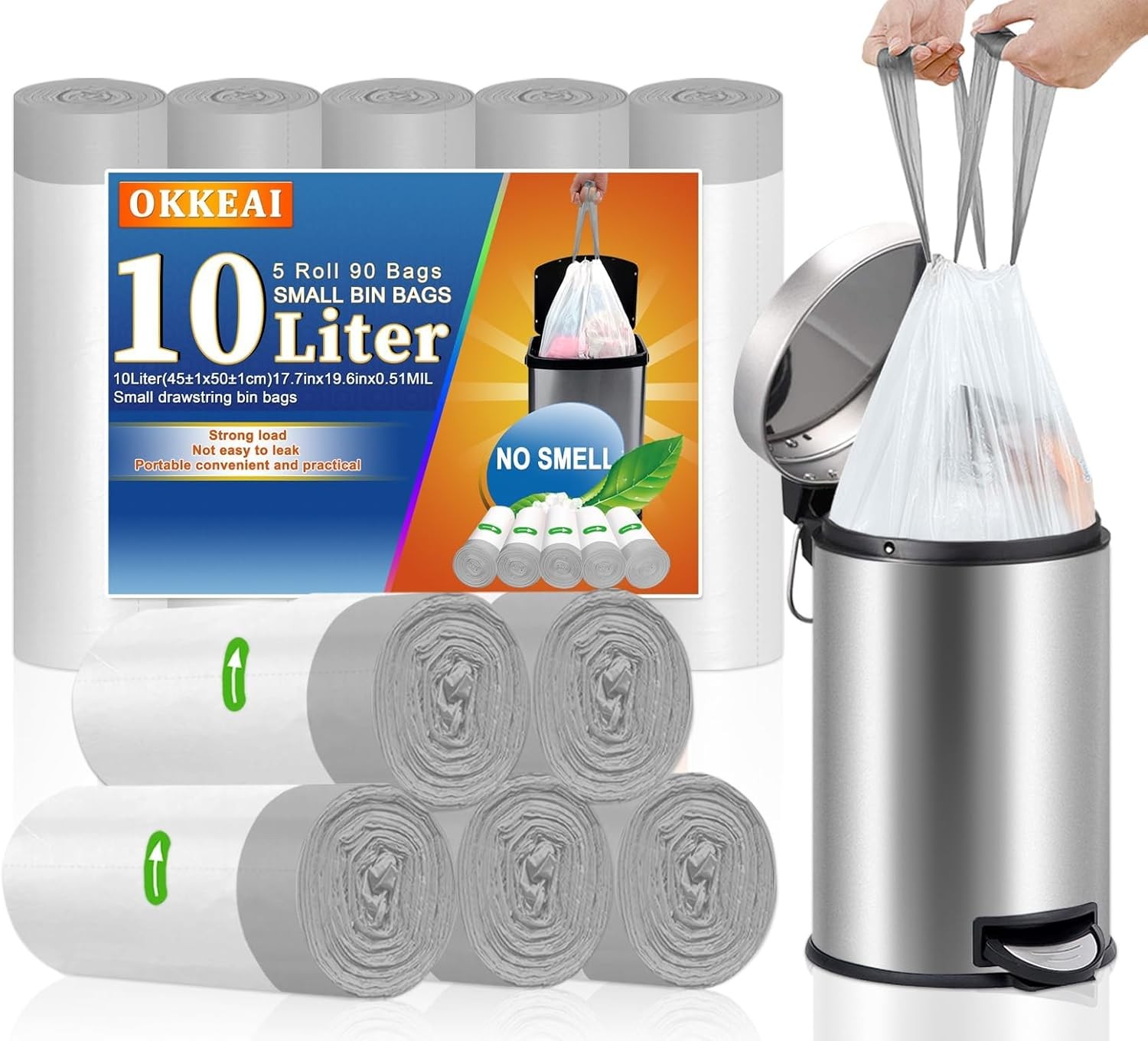 OKKEAI 10L Bin Liners - Bathroom Bin Bags with Handle & Tie, Fit 8L-15L Garbage