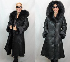 Womans Real Sheepskin Shearling Leather Toscana Long Coat Hood Dakota Black