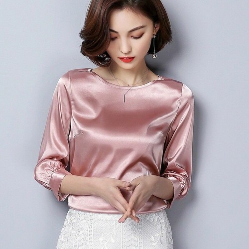 Ladies Satin Silky Shirts Retro 3/4 Sleeve Shiny Blouse Pullover Tops OL Formal - Picture 22 of 24