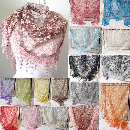 Women Ladies Floral Triangle Triangular Soft Scarf Shawl Lace Edging Tassel