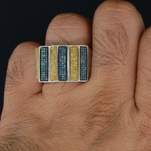 1 Ctw Blue & Yellow 14K White Gold Plated Statement Pinky Band Men's Ring