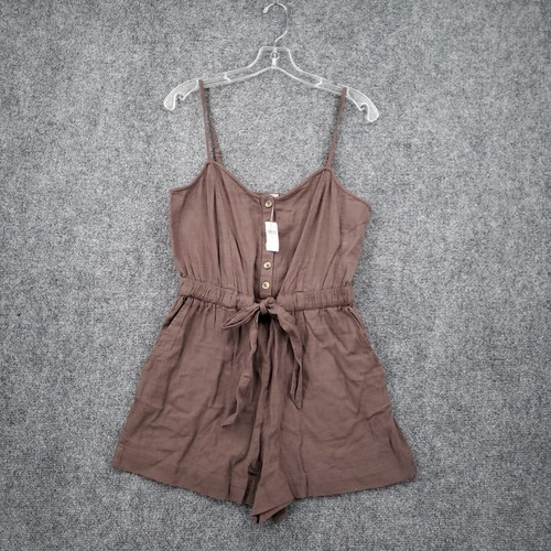 NEW Aerie Romper Womens M Medium Brown Smocked Strappy One Piece Button Front