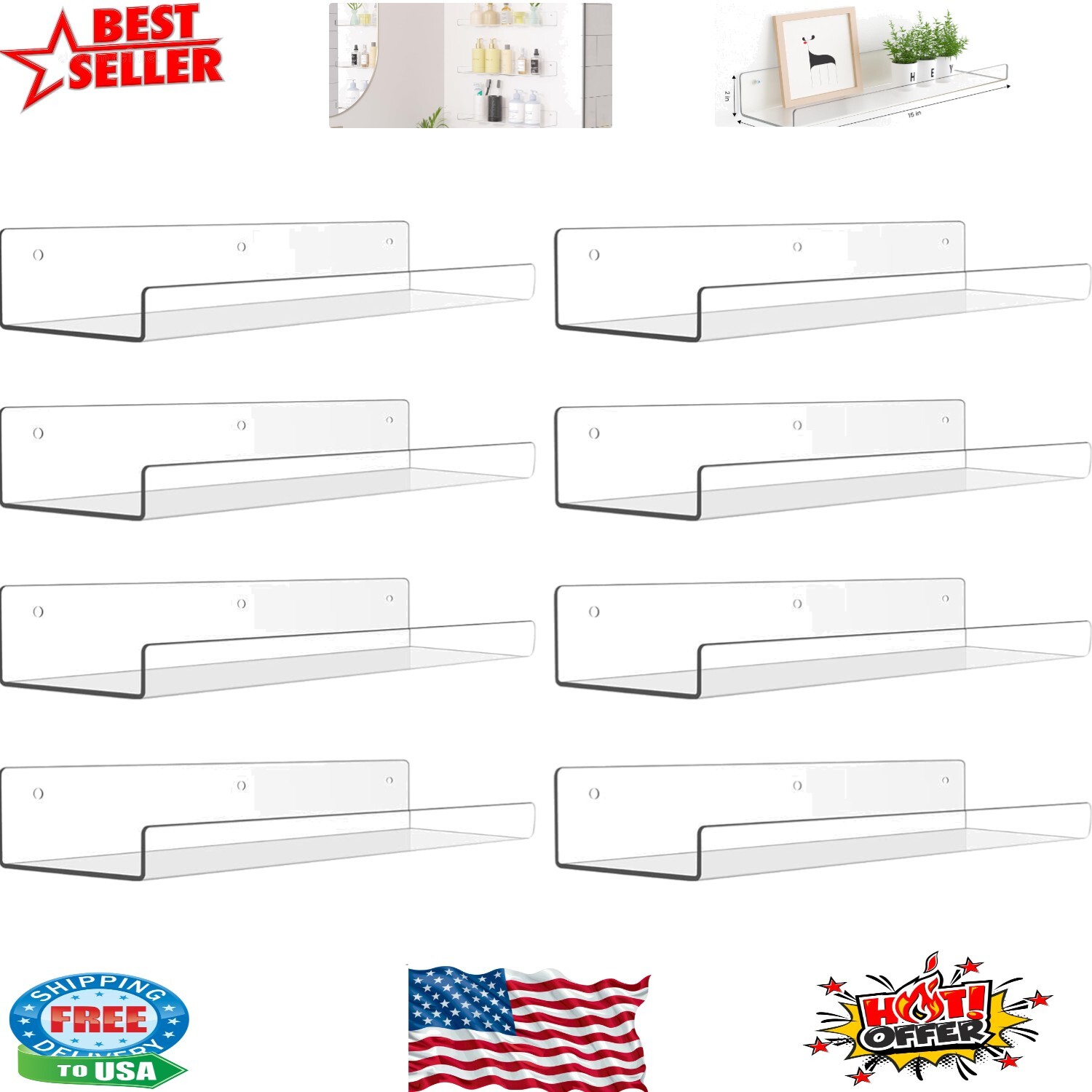 Modern 8-Pack Acrylic Floating Shelves for Kids Room & Bathroom Decor