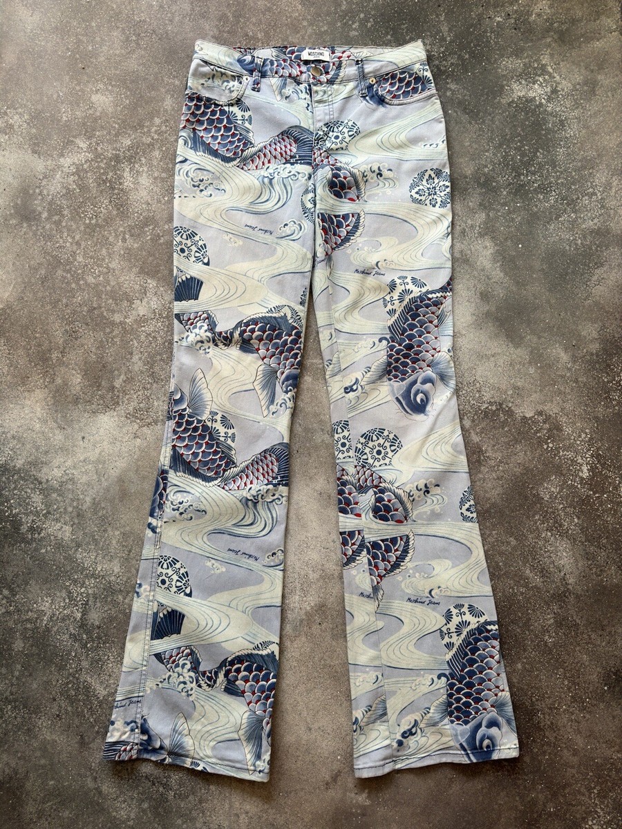 Moschino Jeans Y2K Retro Japanese Koi Fish Oriental Flared Pants 