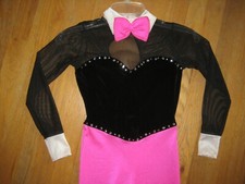 Art Stone one piece long hot pink black velvet black sheer girls dancewear sz LC