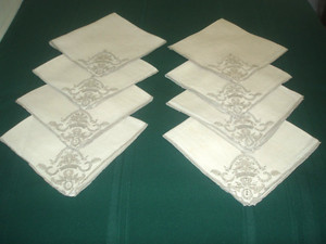 GLORIUS VINTAGE (8) ECRU LINEN NAPKINS "16" ORNATE EMBROIDERY
