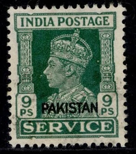 PAKISTAN GVI SG O3, 9p green, FINE USED.