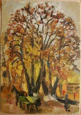 Ukrainian Soviet USSR Oil Painting  impressionism small town horse tree