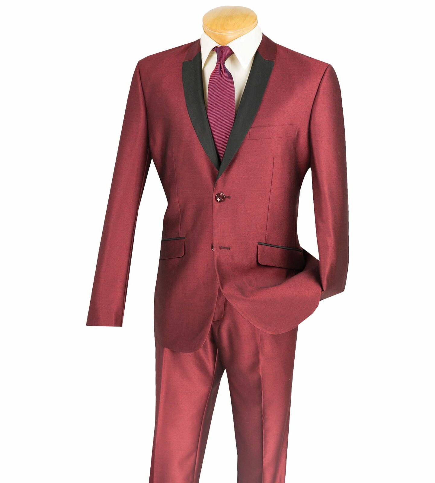 VINCI Men's Burgundy Sharkskin 2 Button Shawl Lapel Slim Fit Tuxedo Suit NEW Oryginalna, oryginalna gwarancja