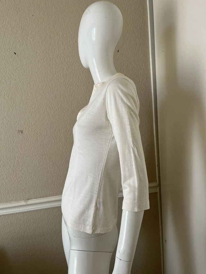 MAJESTIC PARIS Ivory Lightweight Silk/Linen Knit Split Neck 3/4 Sleeve Top Sz 2 - Image 3 of 4