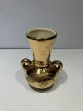 Vintage SWETYE POTTERY 5" BUD VASE with GOLD Etching and 2 HANDLES Salem Ohio