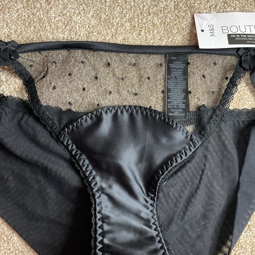 M&S Größe 10 Boutique hübsche Satinflecken Netz brasilianische Schlüpfer schwarz sexy hinten - Bild 7 von 10