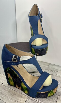 Very Volatile Indio Blue Platform Wedge Cork Sandals Womens 8 Boho Art To Wear