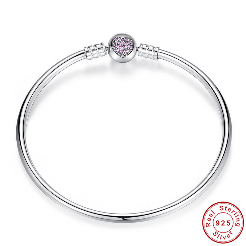 Solid 925 Sterling Silver Heart Charm Bracelet Bangle Fit European