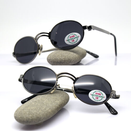 Sunglasses Men Woman Oval Small Metal Silver Lens Black Vintage 90 - Picture 1 of 15