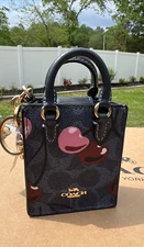 Coach North/South Mini Tote Bag Charm N Signature Canvas Cherry Print $158 Denim