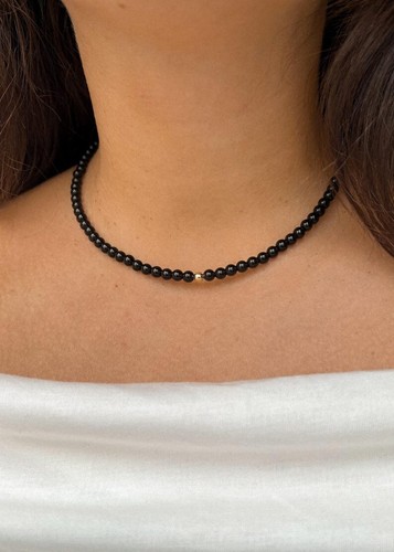 Natural Black Obsidian Smooth Round Gemstone Beaded Women Choker Necklaces 18'' - Picture 11 of 15