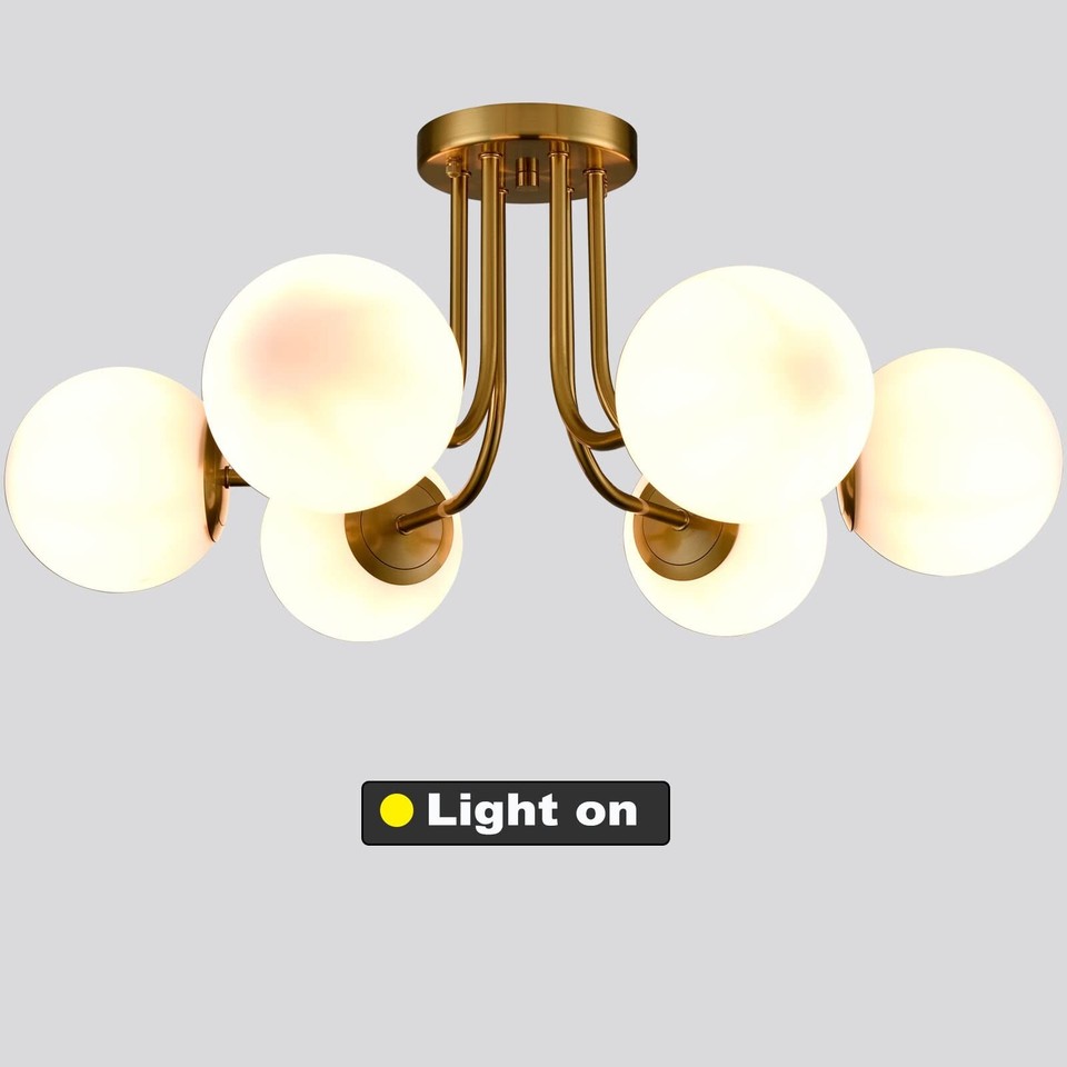 Modern Brushed Brass Gold 6Light Ceiling Light with Globe White Glass