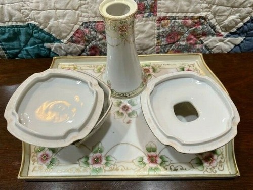 Antique Porcelain Hand Painted Nippon 6 Piece Dresser Set Floral & Gold - Picture 6 of 12