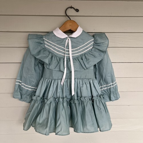 Vintage Martha’s Miniatures Full Circle Ruffle Party Dress Size 2T USA Teal/Blue