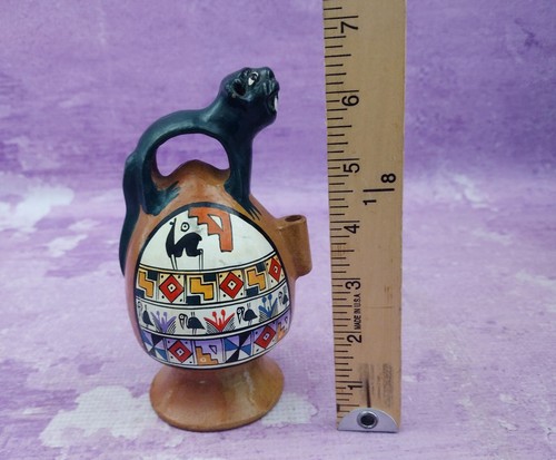 Peruvian Folk Art Pottery Black Jaguar Incense Holder Hand Painted Peru 6.5 Inch - Picture 2 of 8
