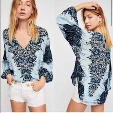 Free People Birds of A Feather Floral Bird Print Oversized Top Sz L Hippie Boho