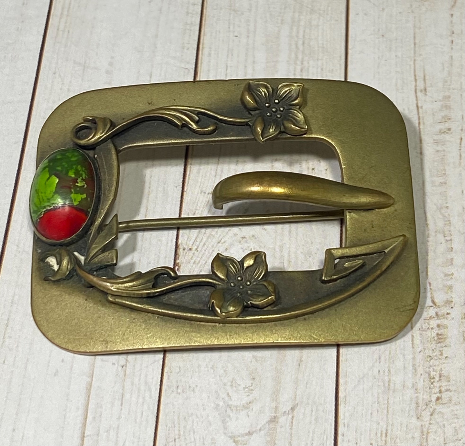 Antique Victorian Buckle Brooch Sash Pin Floral Etched And Gemstone-image