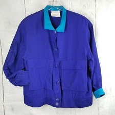Silk Jacket L Vintage Athleisure Purple Windbreaker Turquoise Collar Button Up
