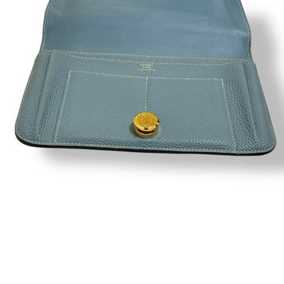 HERMES Dogon GM Wallet Blue Leather Gold Hardware Long Bifold