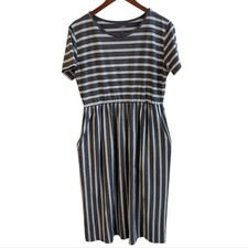 Tickled Teal Grey White Striped Shirt Dress With Pockets Size XL