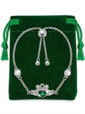 Irish Claddagh Emerald Heart 925 Sterling Silver Slider Bracelet