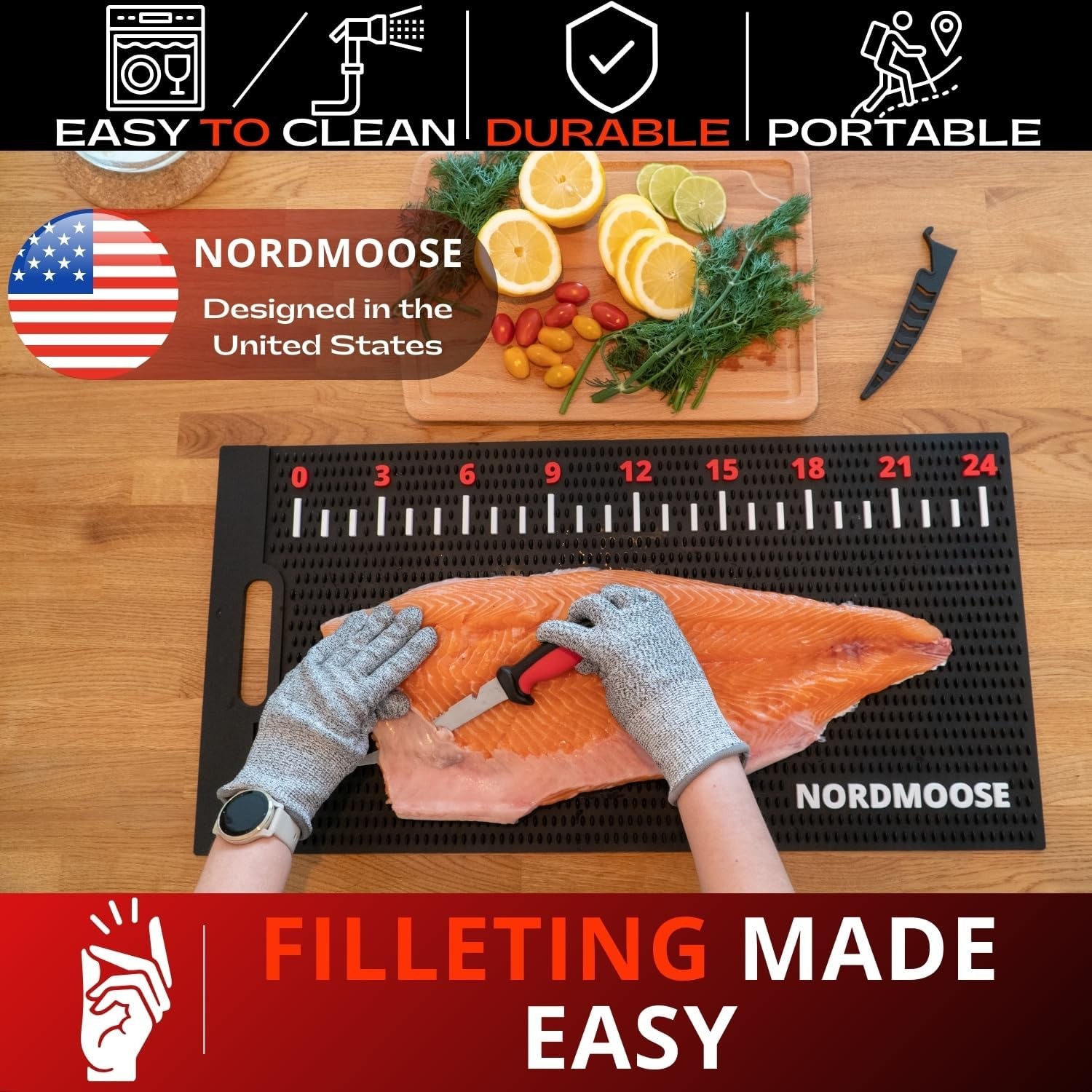 Fish Fillet Mat with Storage Bag and Ruler Decal. 28"L x 14"W, Black 