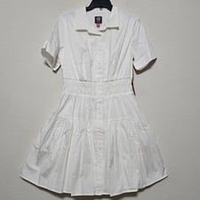Women's Shirt Dress Size 12 Fits Large White Button Pockets Elastic Waist Smock