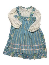 VTG 70s JCPenney Floral Prairie Pinafore Dress Girls Size 16.5 No Iron Blue