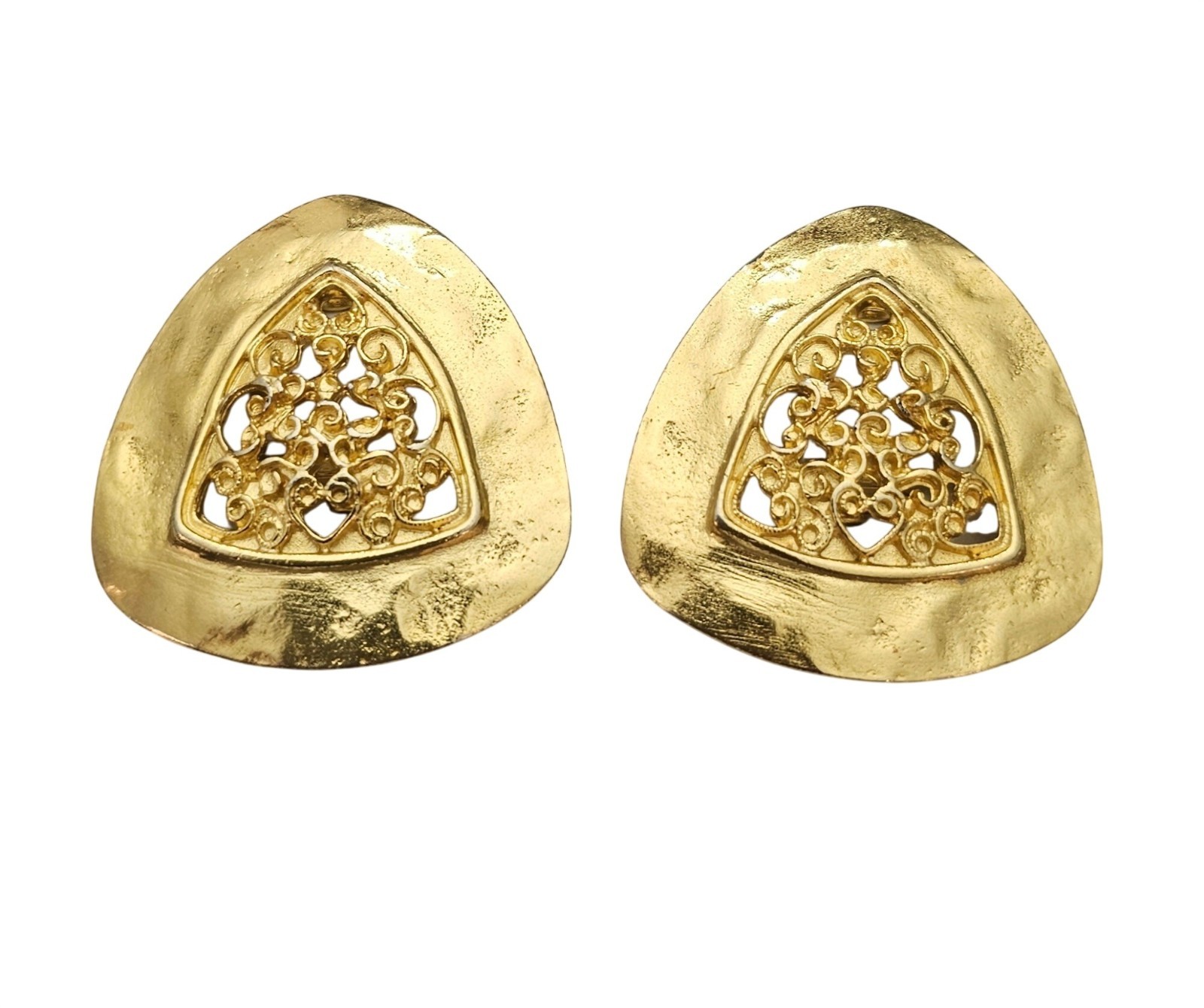 Gold Tone Triangular Clip On Center Filigree Earr… - image 8