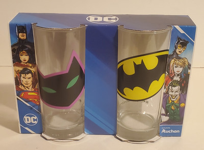 DC COMICS AUCHON SUPERHERO LOGO JUICE GLASS SET/2 BATMAN & CATWOMAN VILLAIN